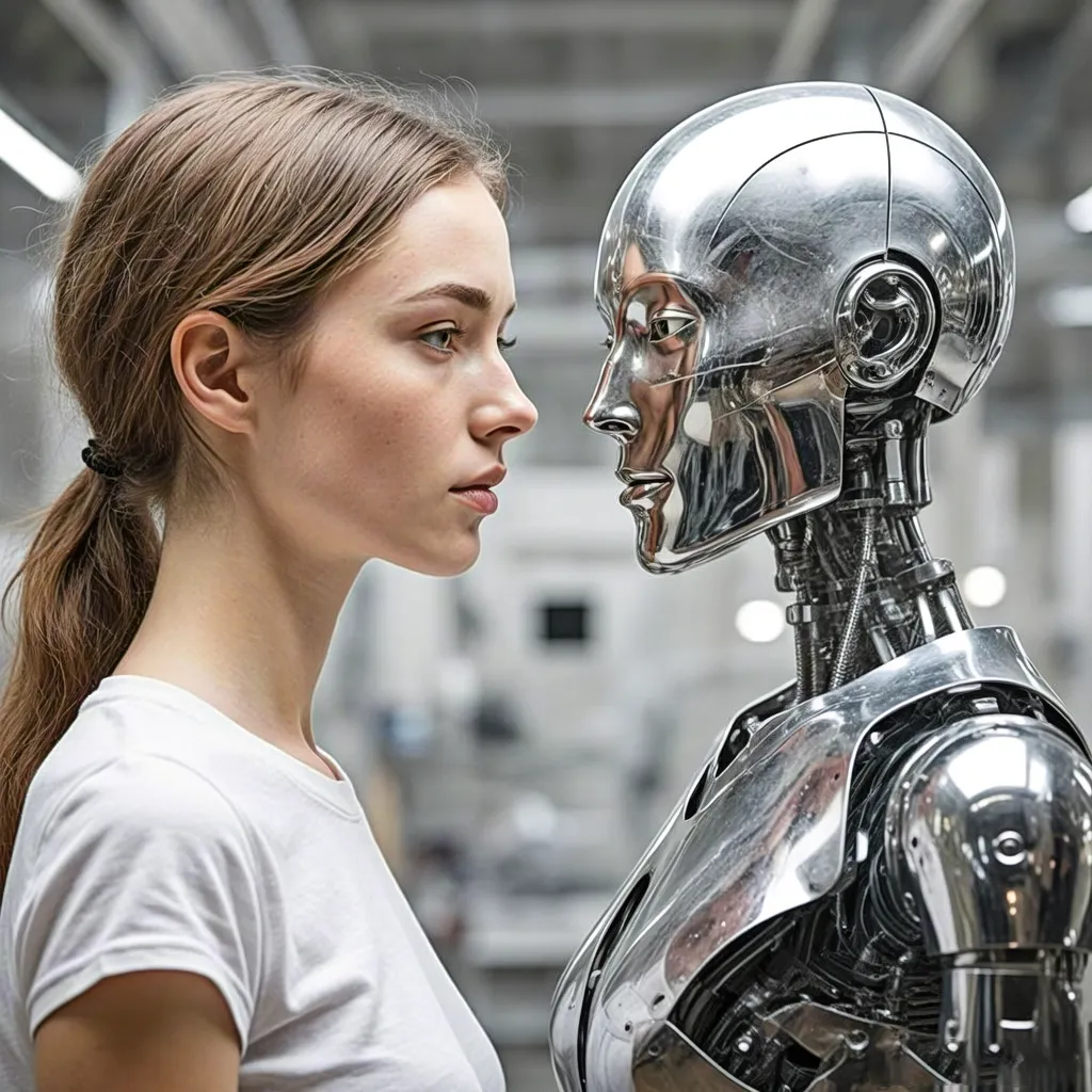 Woman facing chrome android – eye contact