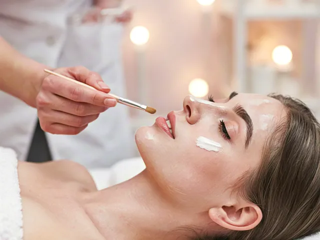 Beautician applying skincare mask to woman