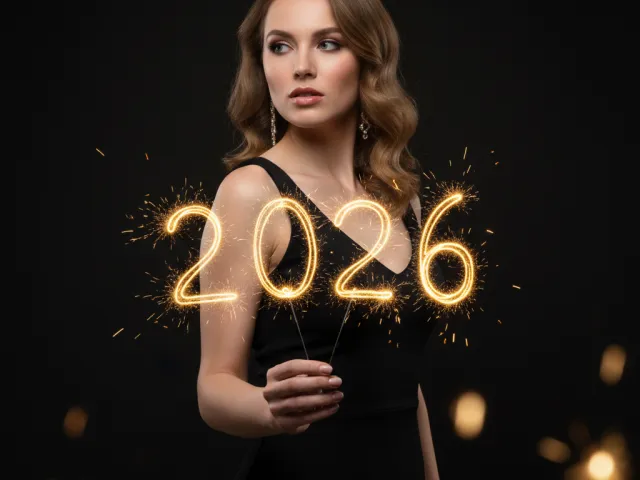 Elegant woman holding glowing 2026 sparkles in dark festive scene