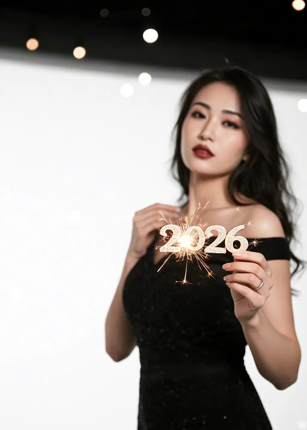 Woman in black dress holding a glowing 2026 sparkler