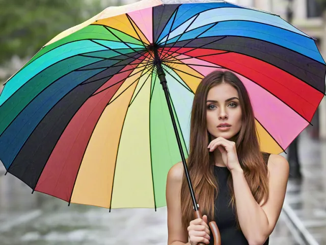 Portrait of woman with multicolor umbrella in city street