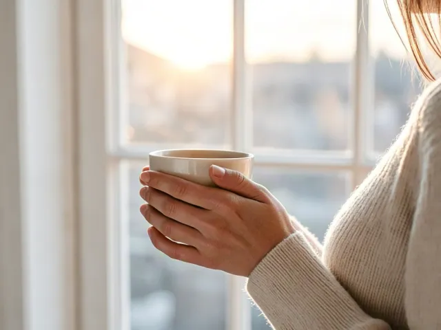 Woman holding warm drink by bright window in cozy morning light