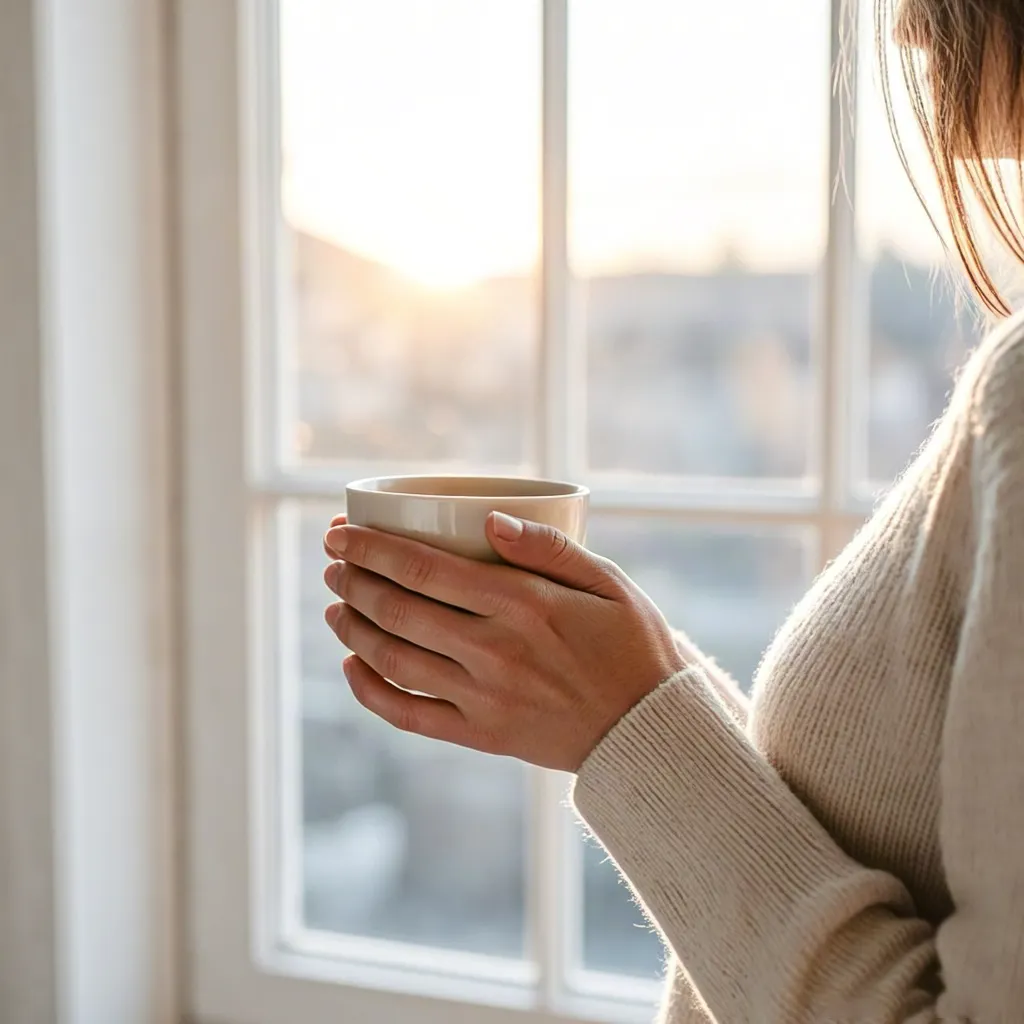Woman holding cup by window — morning lifestyle
