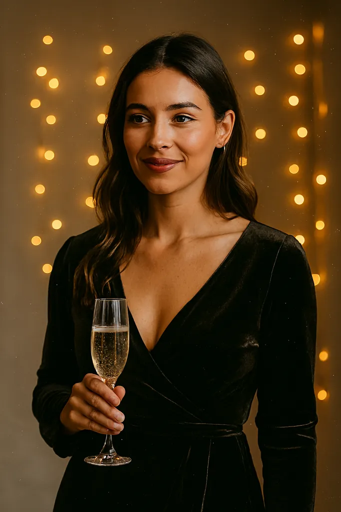 Woman holding drink in warm festive lighting