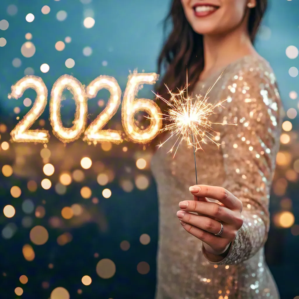 Woman Holding Sparkler with 2026 Lights