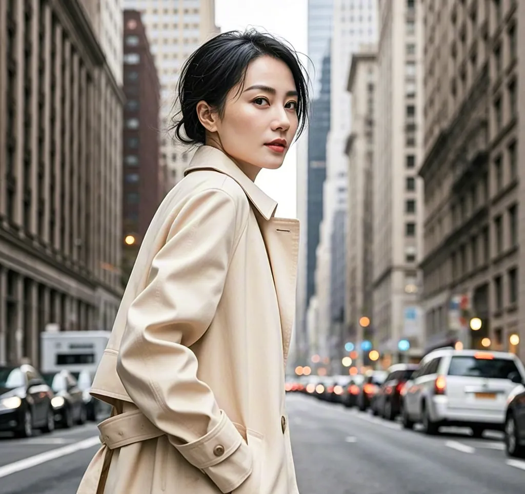 Woman in beige coat standing on busy city street