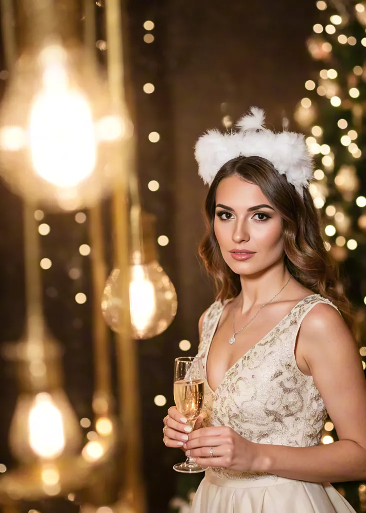 Woman in champagne dress holding a glass