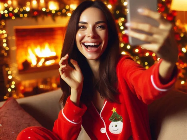 Smiling woman in red pajamas sitting by Christmas tree with lights