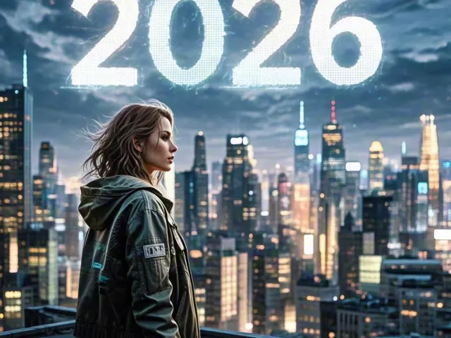 Woman in coat standing before 2026 city lights