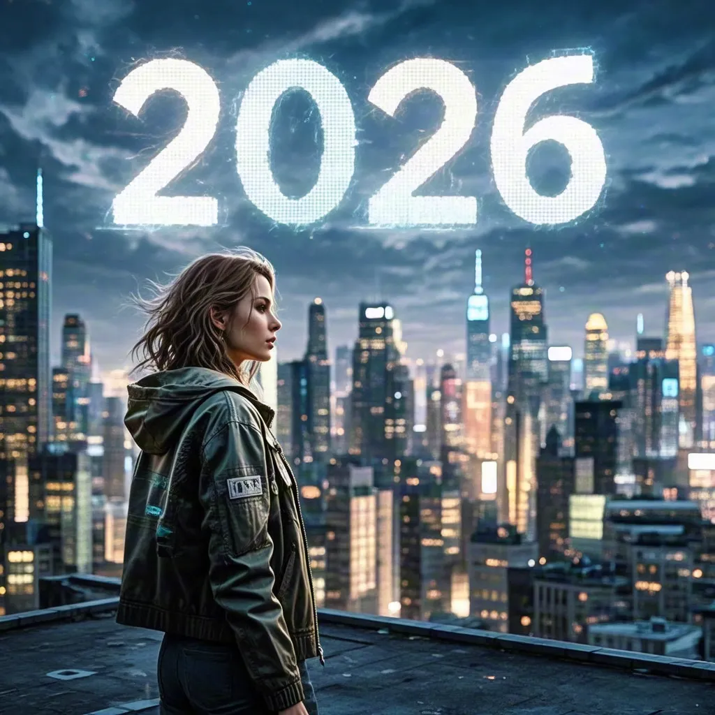 Woman in coat standing before 2026 city lights