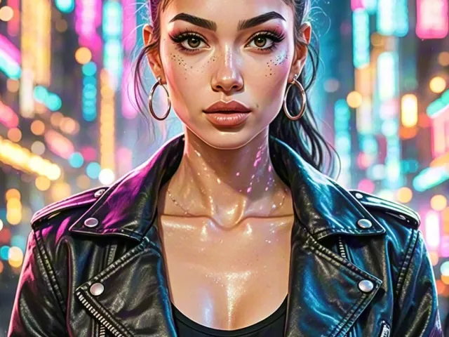 Woman in black leather jacket posing in neon-lit futuristic street