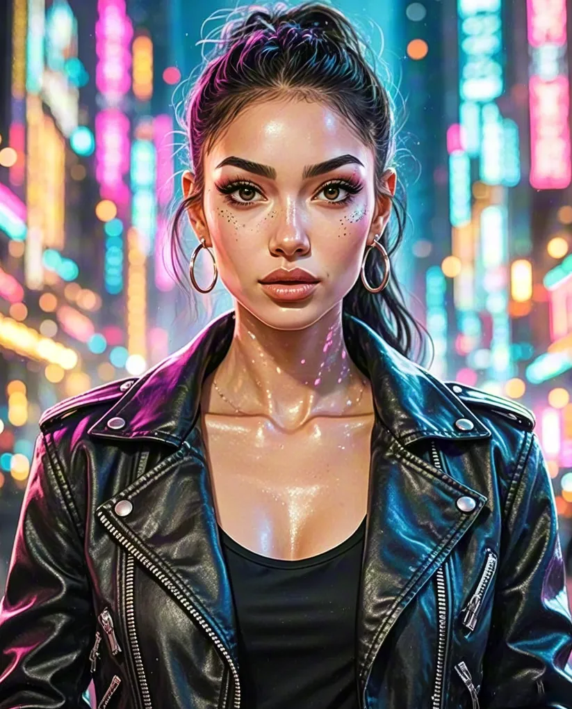 Woman in leather jacket — neon city portrait