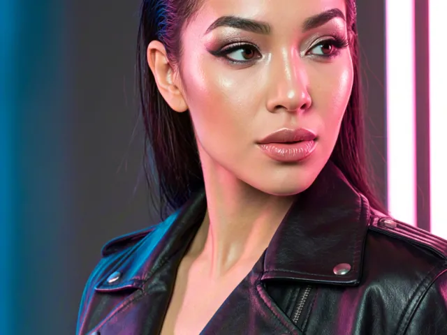 Portrait of woman in leather jacket under neon lights in futuristic city