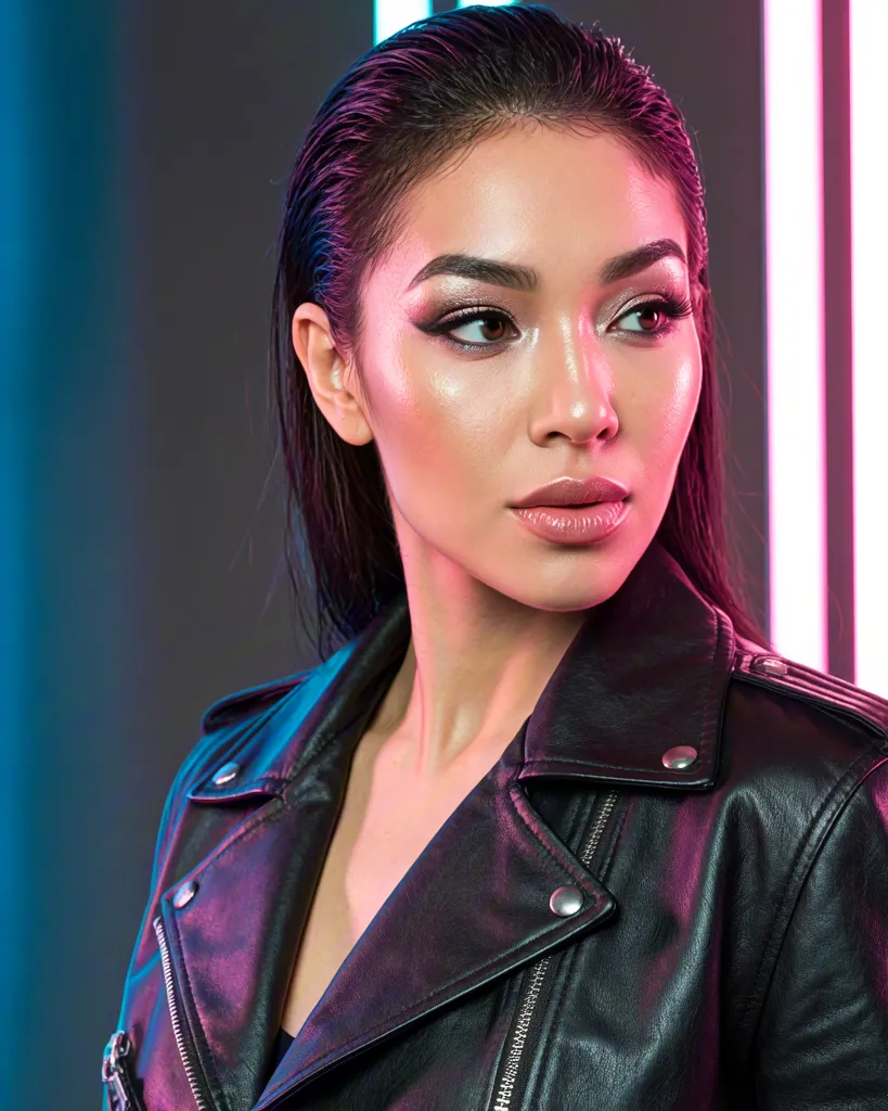 Woman in leather jacket — neon portrait
