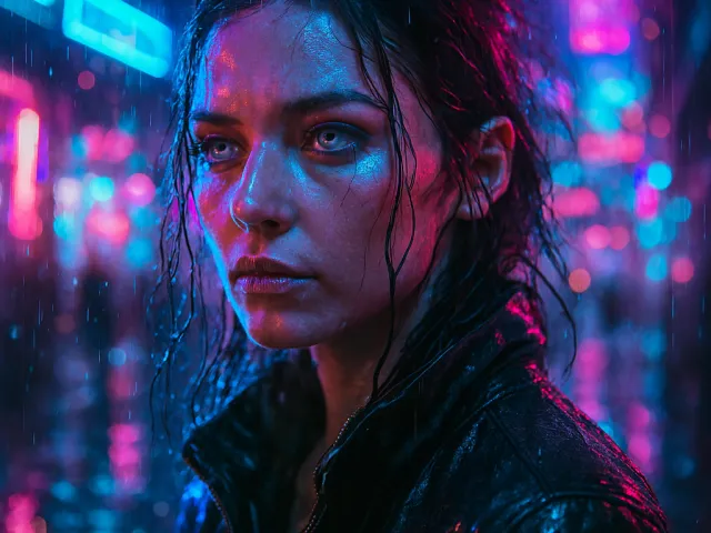 Cyberpunk portrait of woman in neon rain