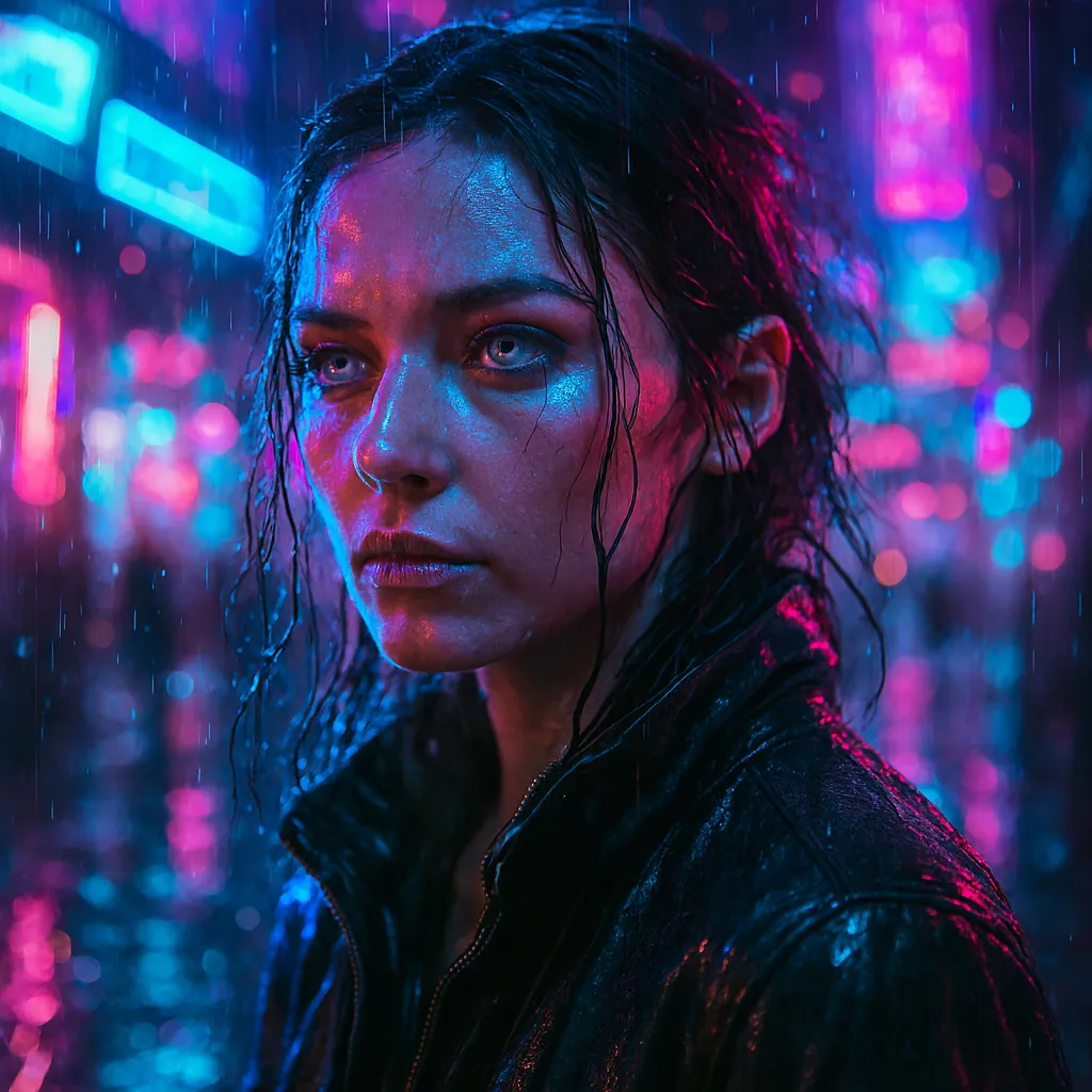 Woman in neon cyberpunk street