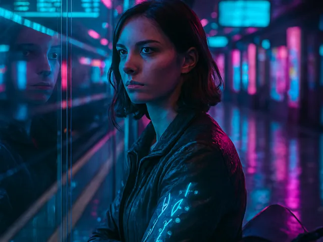 futuristic portrait of a woman in neon-lit subway station