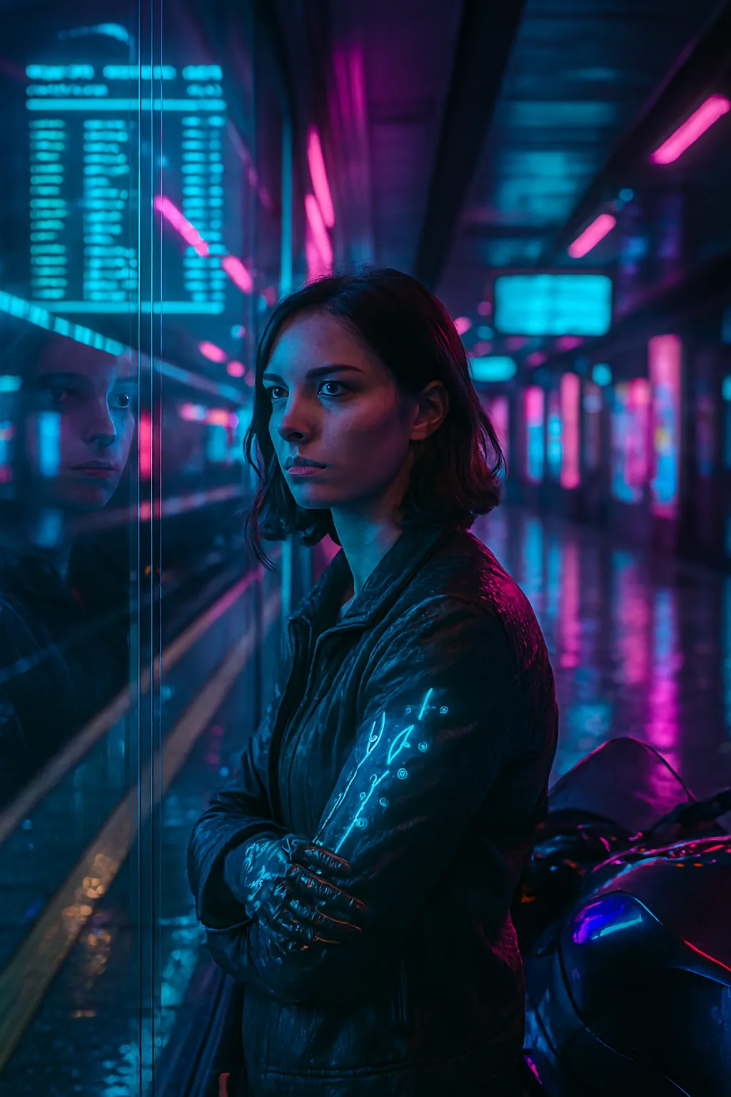 futuristic portrait of a woman in neon-lit subway station