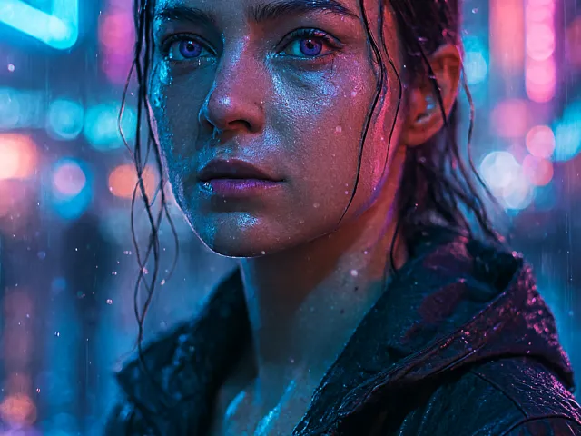portrait of a woman standing in neon-lit street during rain