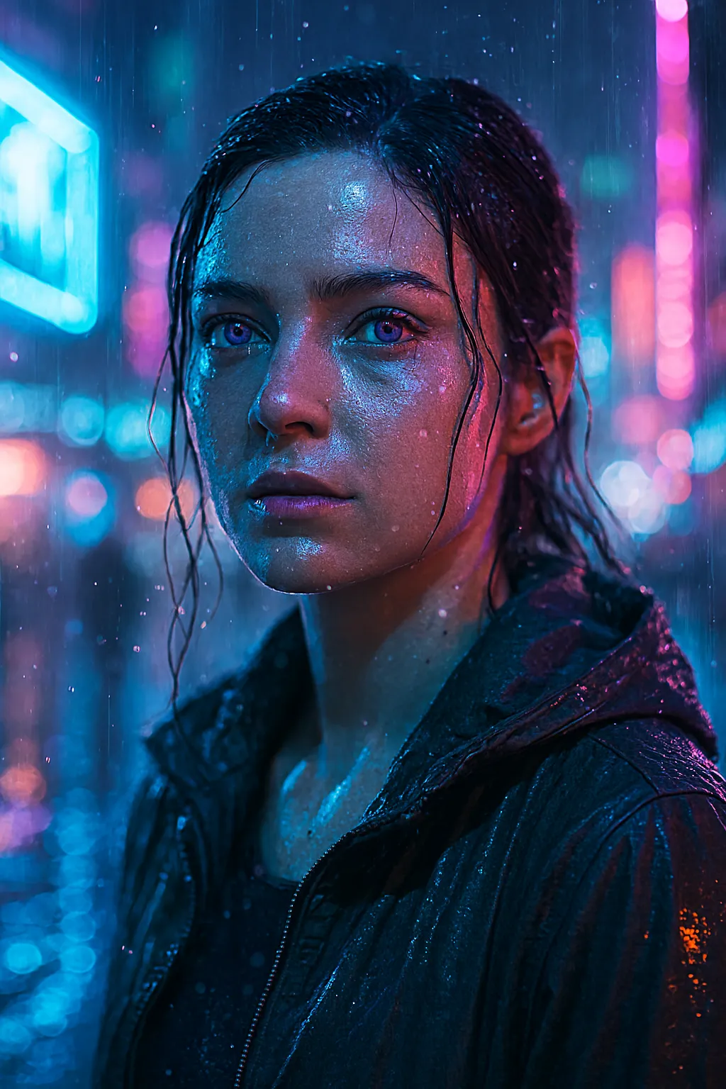 portrait of a woman standing in neon-lit street during rain
