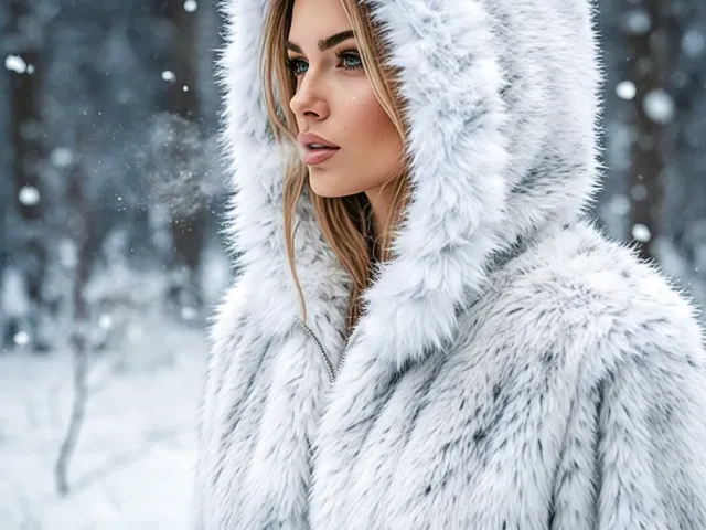 Elegant woman in a winter fur coat standing outdoors in snowfall