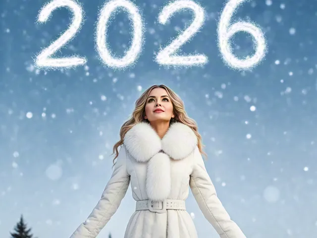 Woman standing in snowy scene with glowing 2026 light above her
