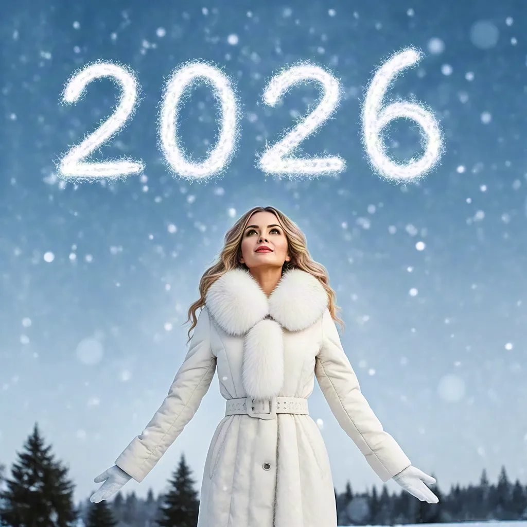 Woman in White Winter Coat with 2026 Lights