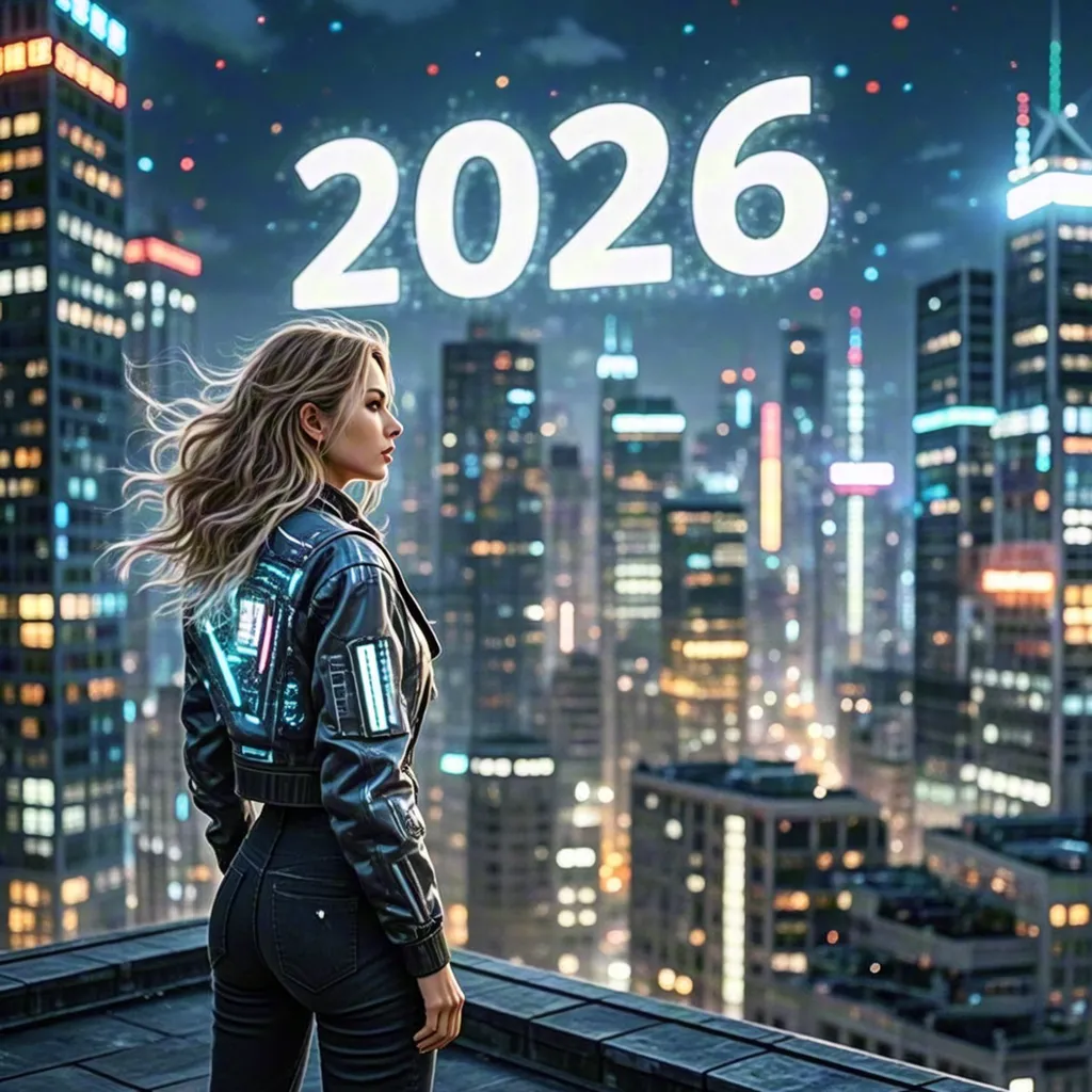 Woman overlooking futuristic 2026 city skyline