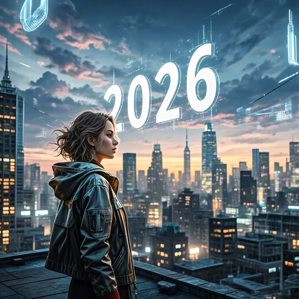 Woman overlooking futuristic city with 2026 lights