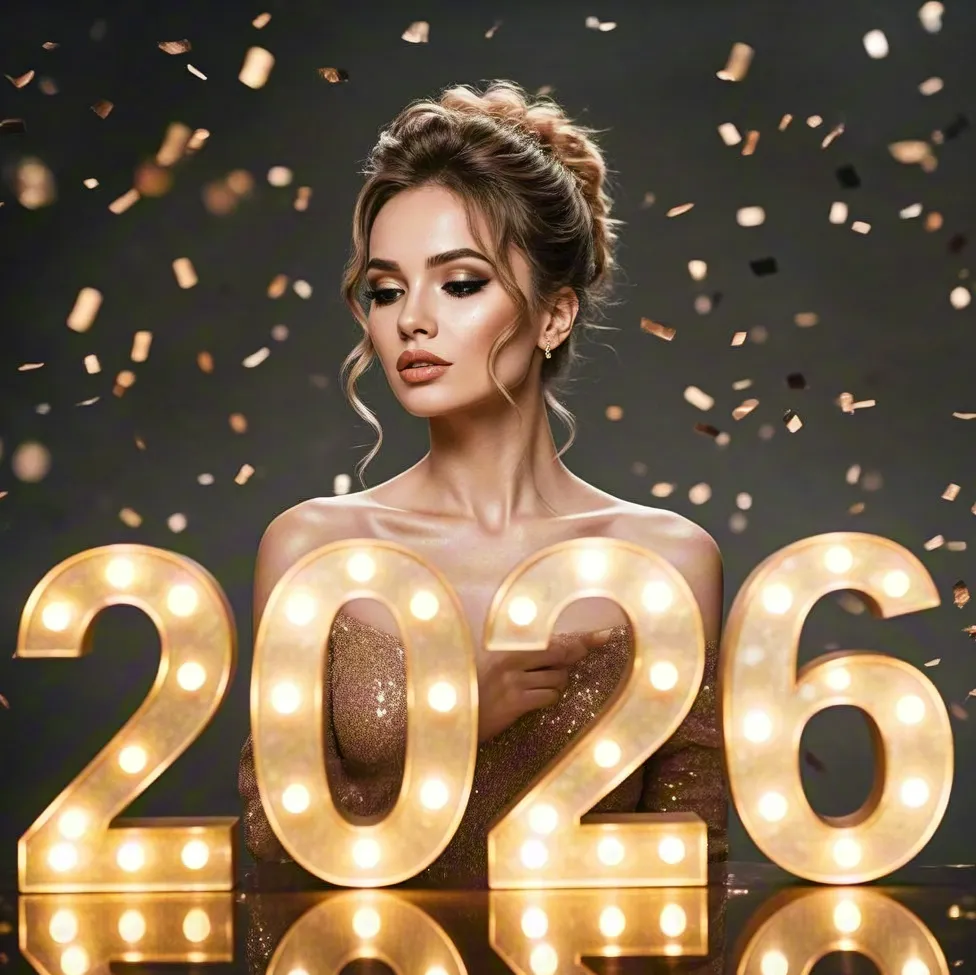 Woman posing in front of glowing 2026 lights