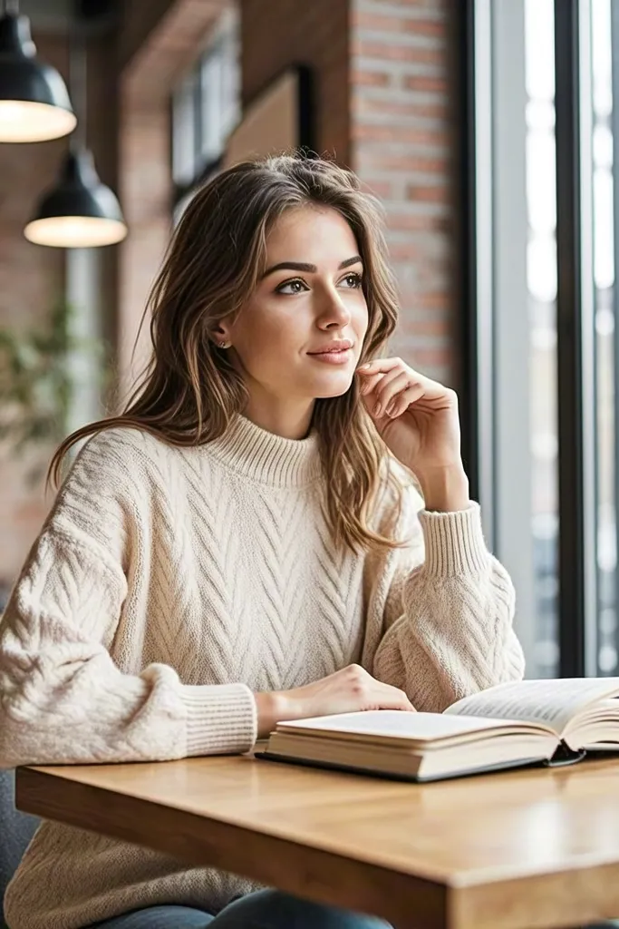 Woman reading a book in a cozy café