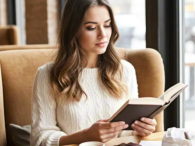 Young woman reading at cafe table