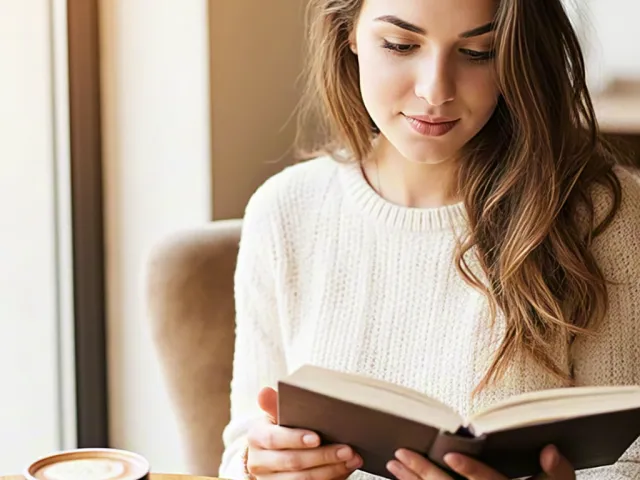 Woman enjoying reading in cafe