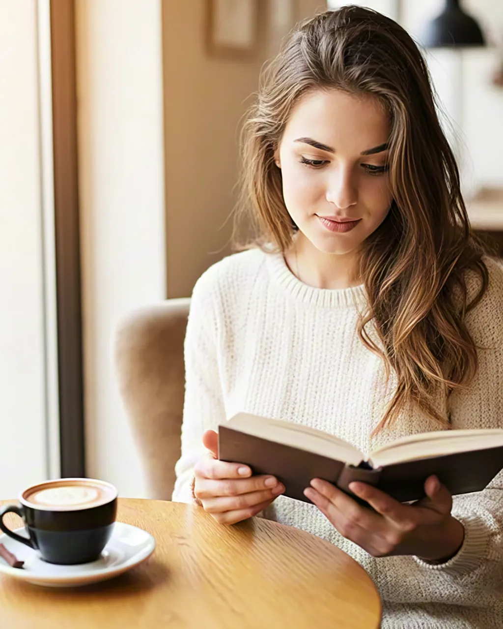 Woman enjoying reading in cafe