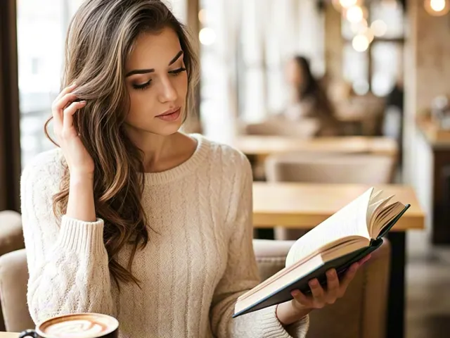 Young woman reading a book in a cafe