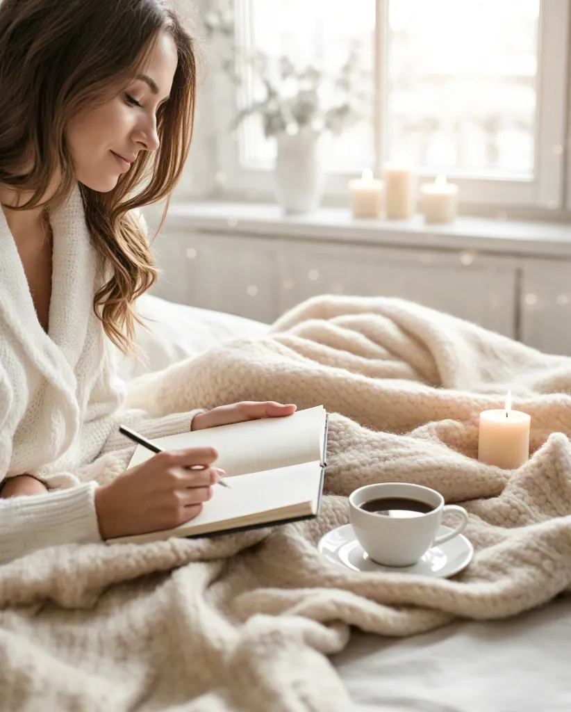 Woman reading in cozy winter morning light
