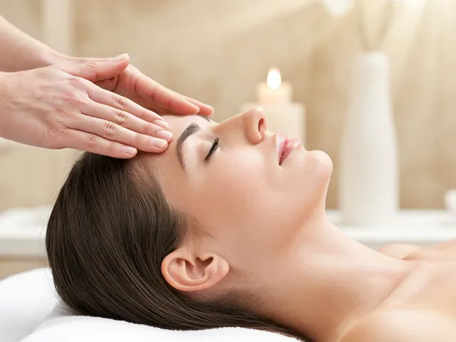 Spa therapist giving head massage to woman