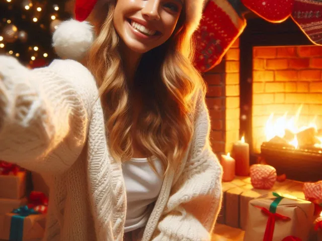 Smiling woman sitting near decorated fireplace with Christmas stockings
