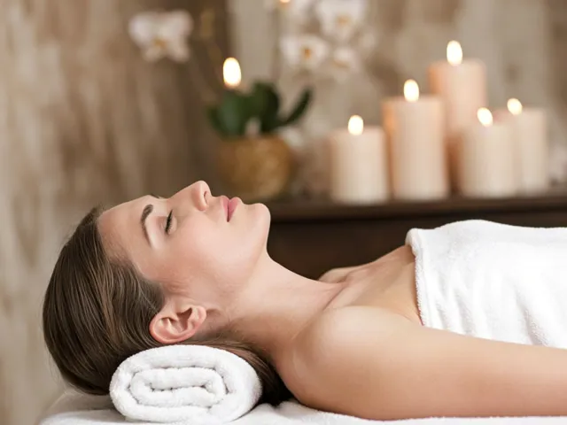 Woman lying in spa with candles and towels