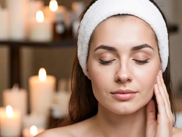 peaceful woman with headband relaxing in a spa setting with candles