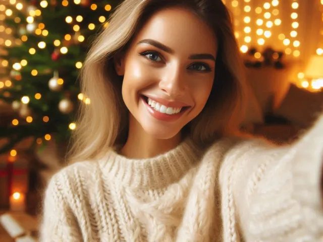 Young woman in beige knitted sweater smiling beside Christmas lights