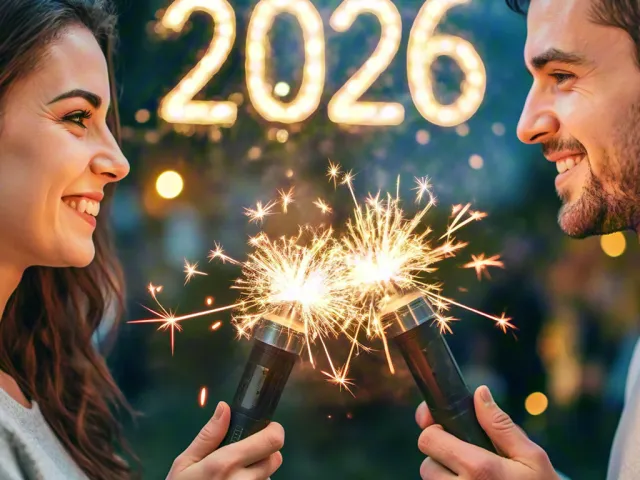 woman celebrating with sparkler and glowing 2026 background lights