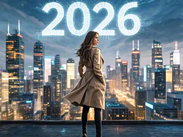 Woman posing in front of modern city skyline with glowing 2026 numbers