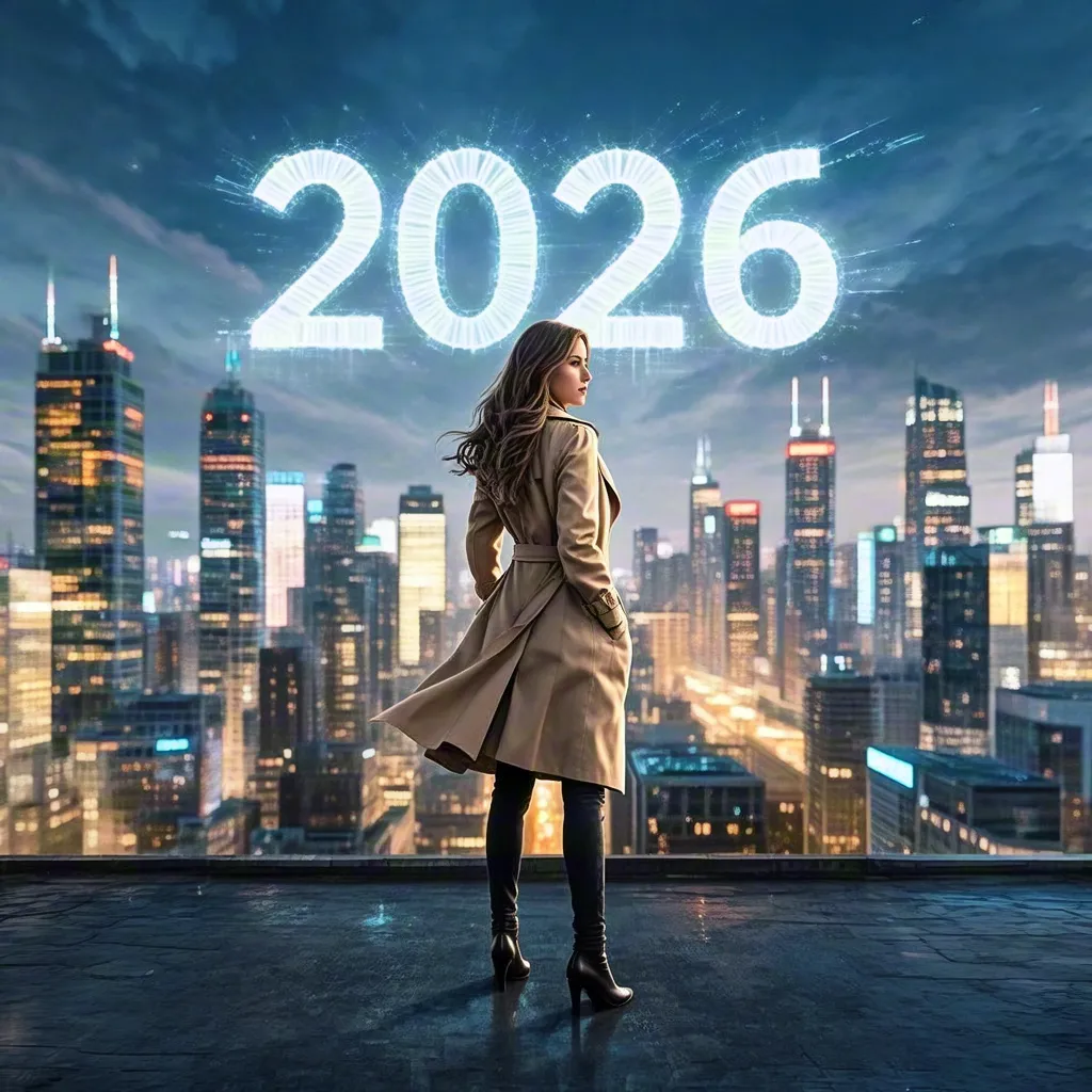 Woman Standing Before 2026 City Skyline