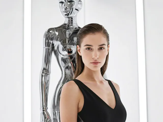 Woman with humanoid robot in futuristic corridor