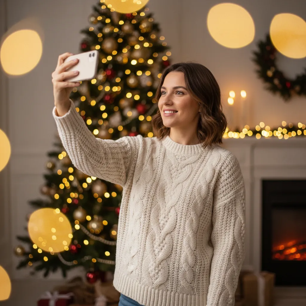 Woman Taking Christmas Selfie by Tree