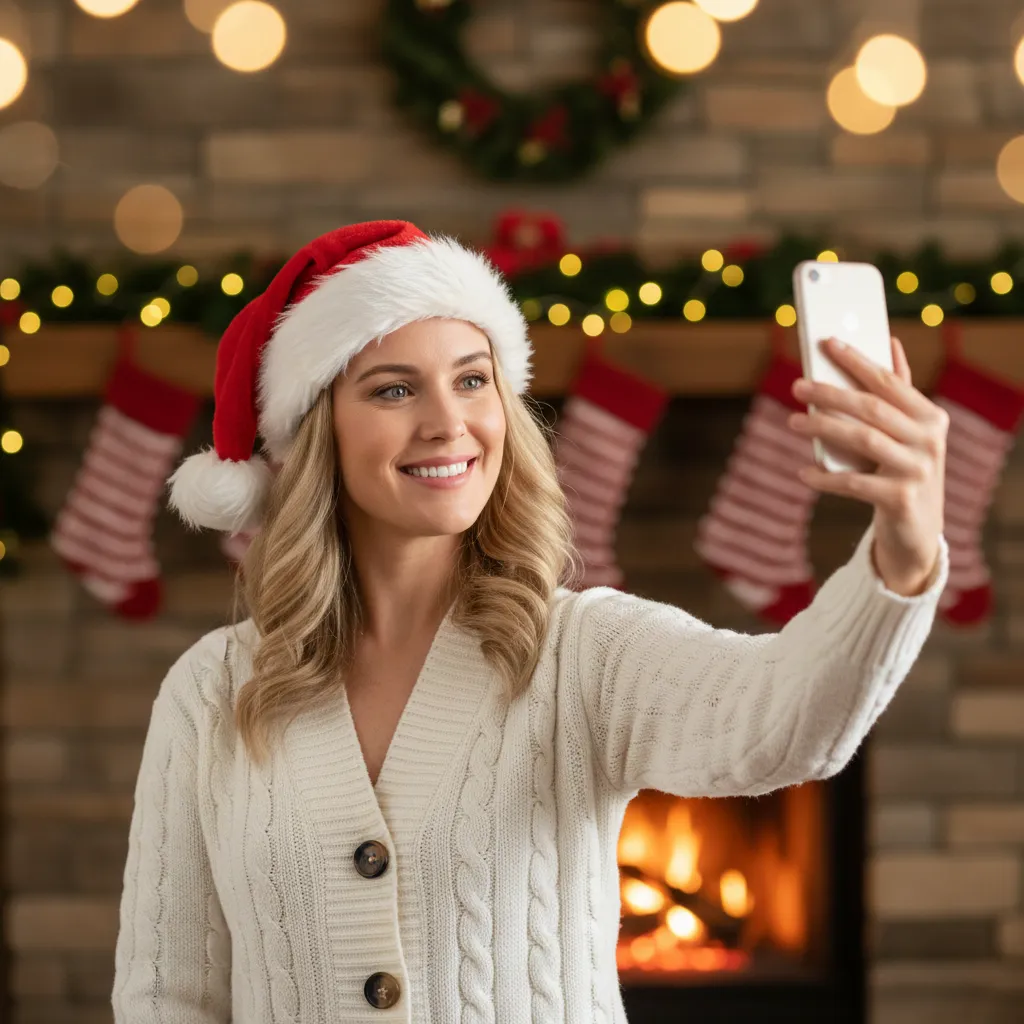 Woman taking Christmas selfie in festive sweater
