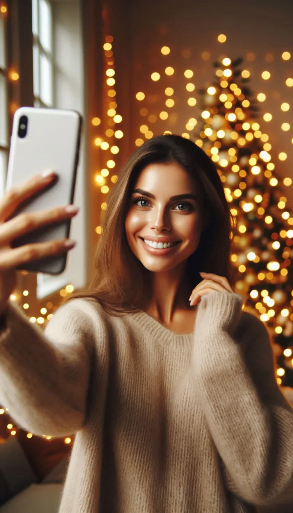 Woman Taking Cozy Christmas Selfie