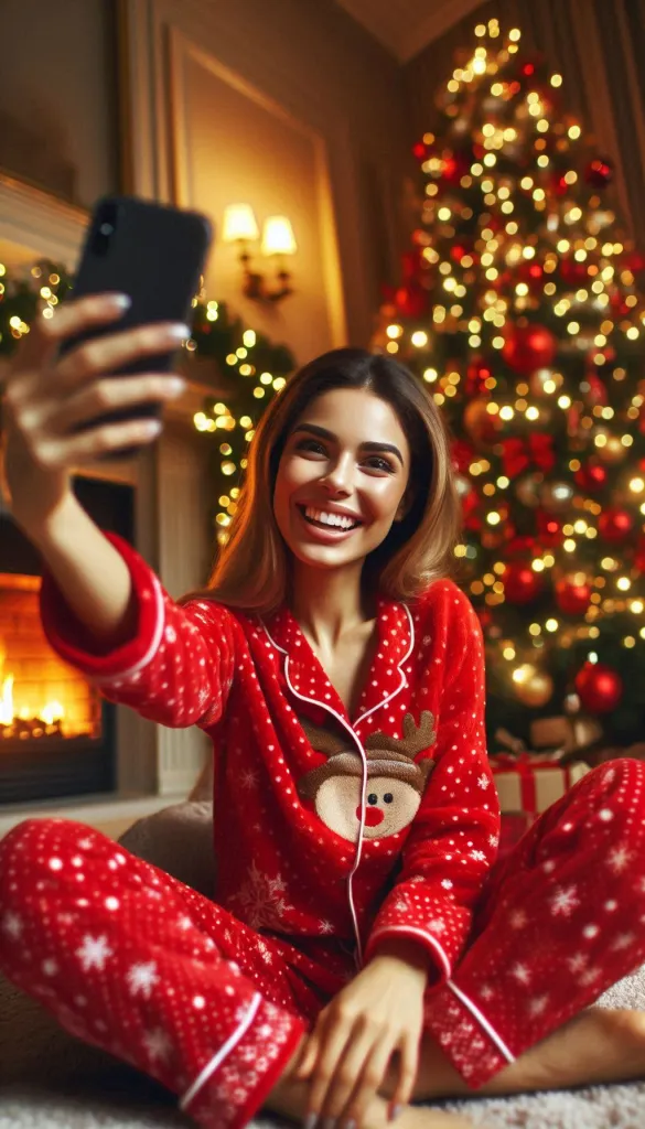 Woman taking cozy Christmas selfie