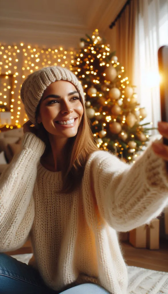 Woman taking cozy winter selfie near Christmas tree